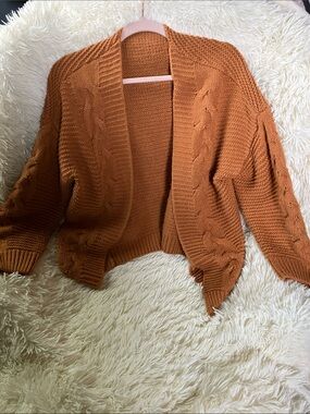 Rust Orange Cable-Knit Open Cardigan Sweater